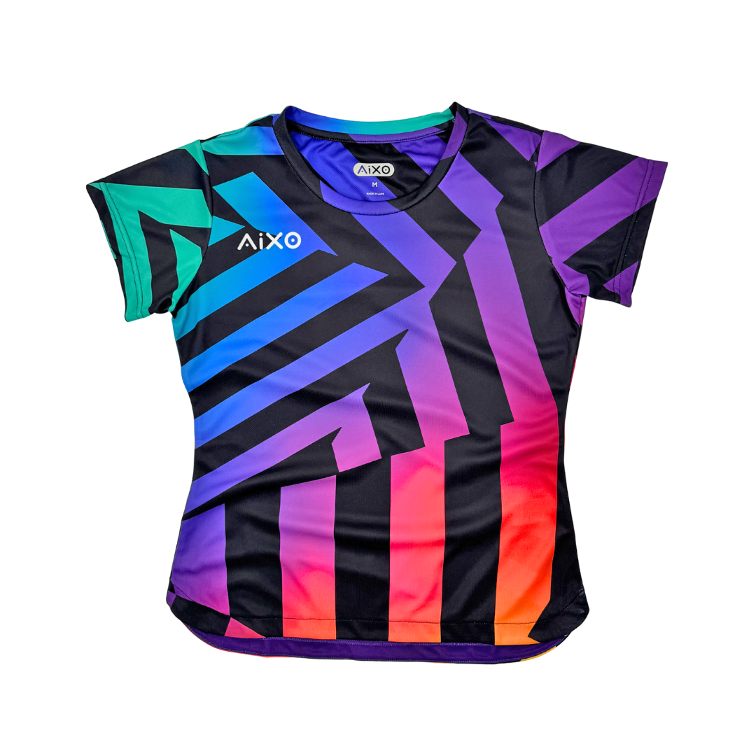AIXO Rainbow Chaos Womens T-Shirt - Black racket sports T-shirt – main / front view